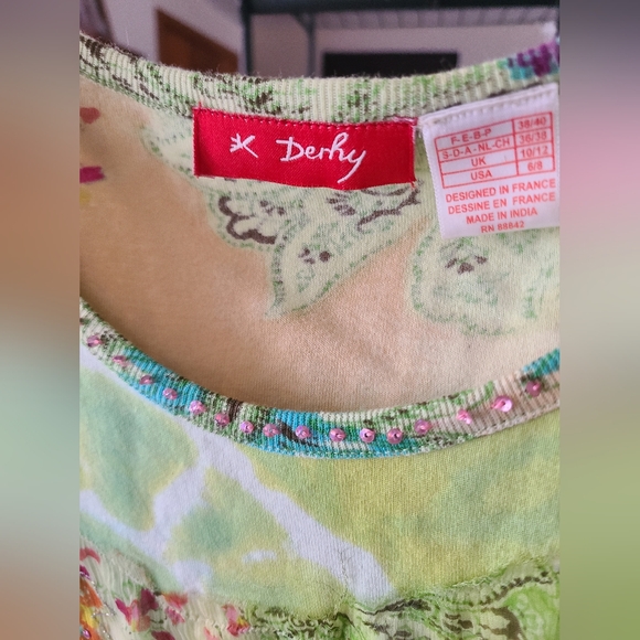 Derhy Yellow and Green Graphic Embellished Blouse, Sheer Sleeves. - Picture 7 of 10